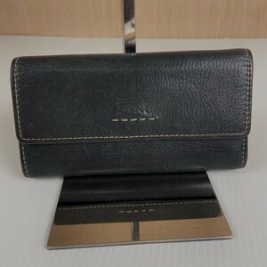 Fossil Black Genuine Leather Organizer Wallet w/ Removable Checkbook Insert